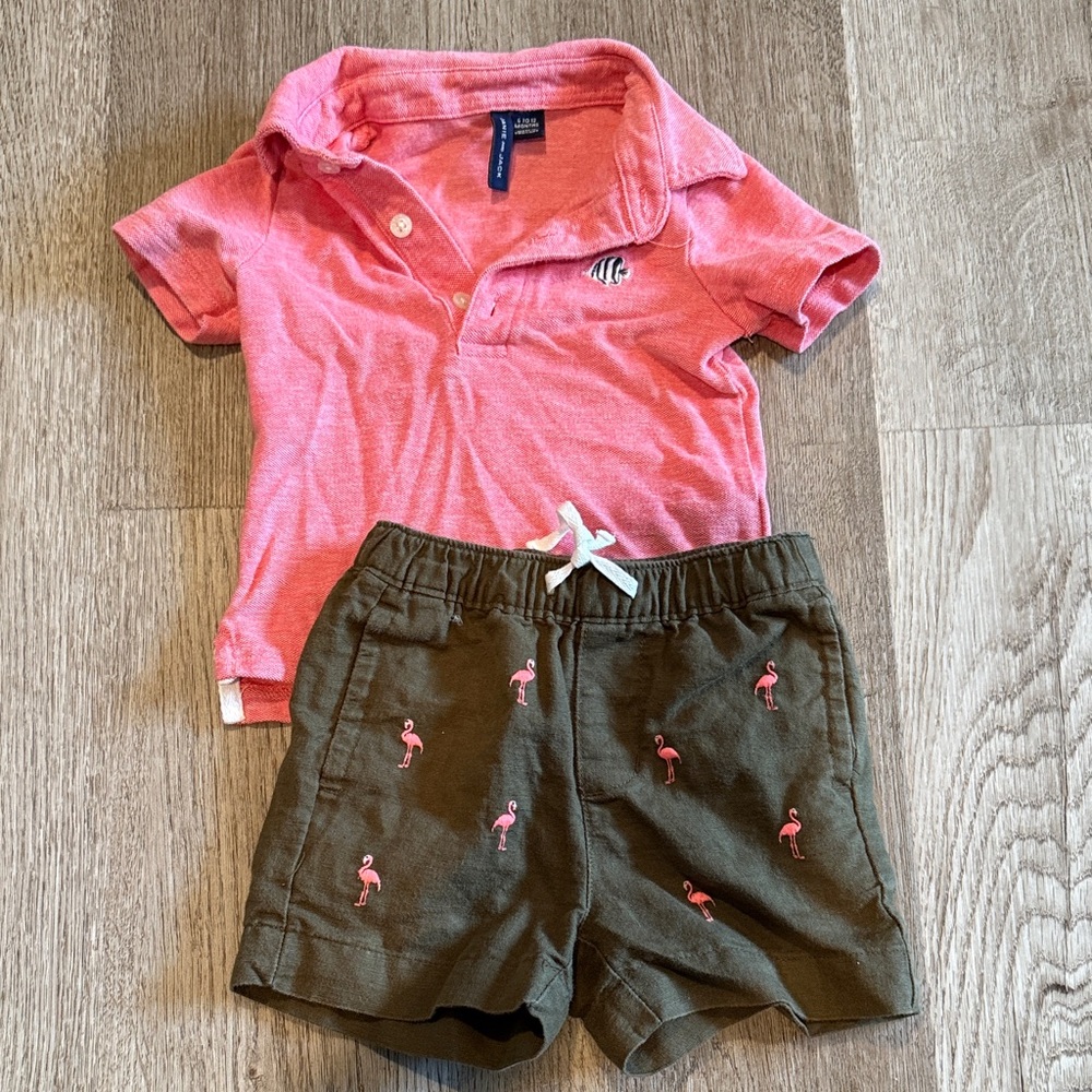 Coral Polo Shirt & Flamingo shorts by Janie & Jack